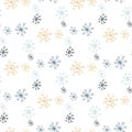 Christmas and New Year. Gold, light blue and navy blue snowflakes. Seamless vector pattern. Royalty Free Stock Photo